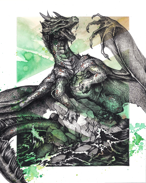 Illustration of a bronze dragon above the sea