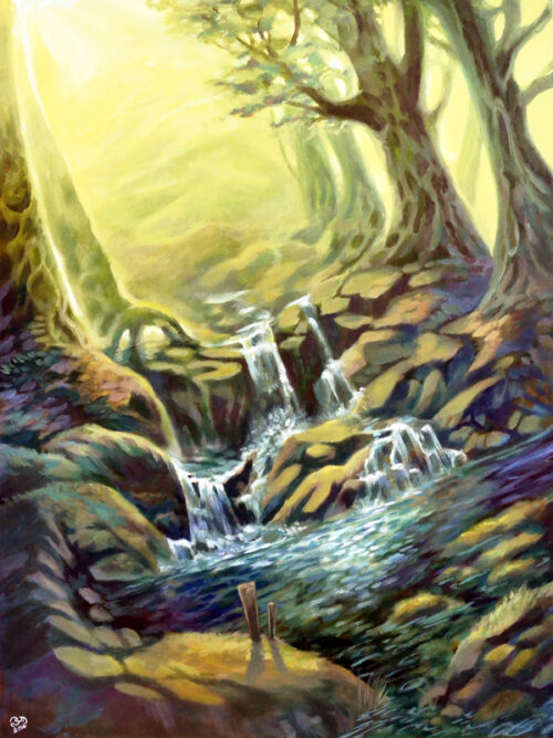 painting of a fantasy forest with two wooden posts