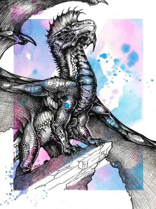 Ancient Silver Dragon standing on a stone cliff