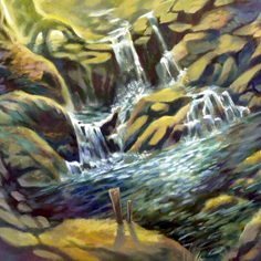 Fantasy forest landscape with waterfalls