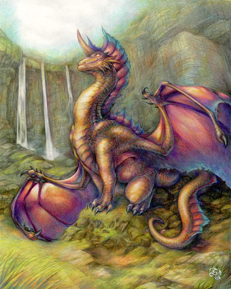 Gold dragon with purple wings on a tumble of stones