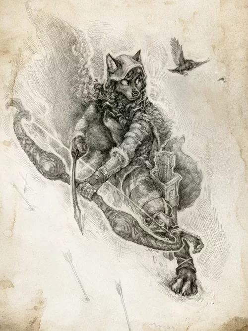 A wolf ranger with a bow, raven flying beside