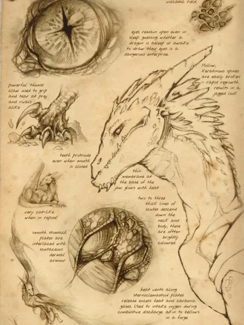 Dragon sketches on an antique page